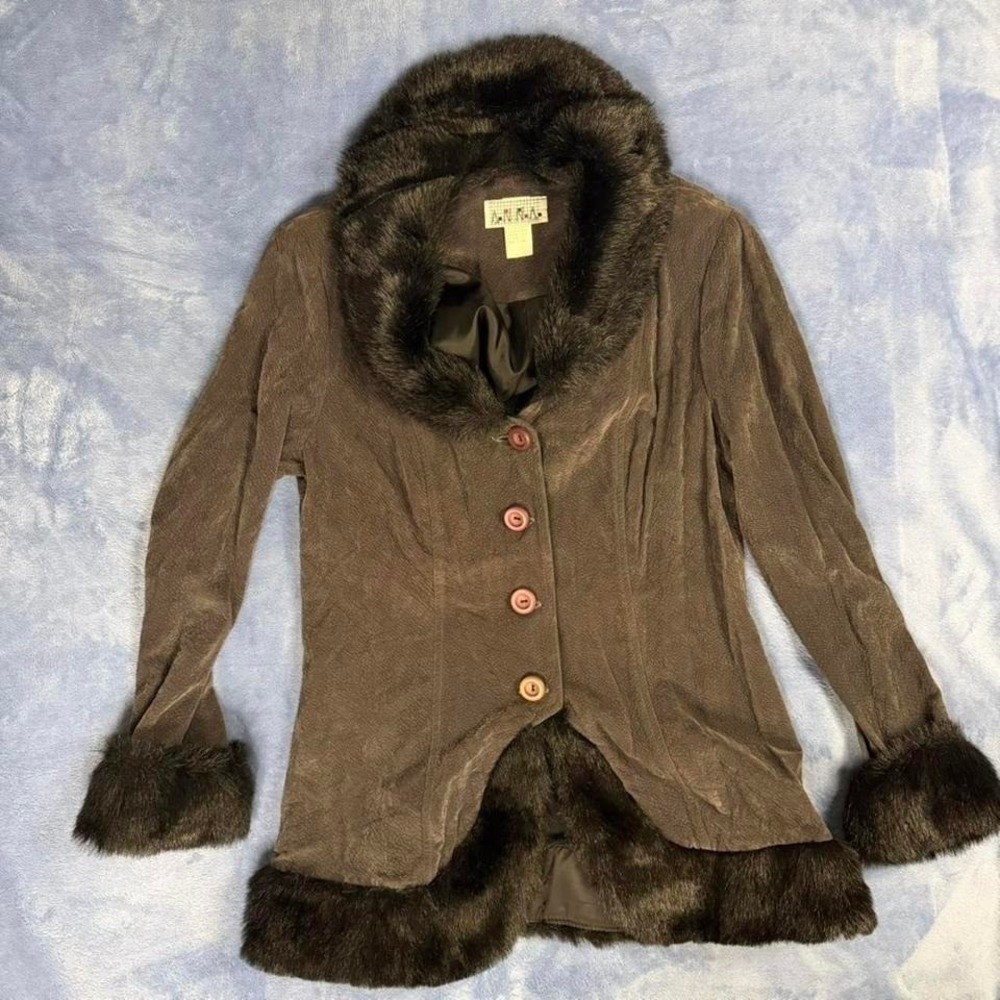 Vintage anna Gray faux fur trim jacket with button front and hood women‎ size m